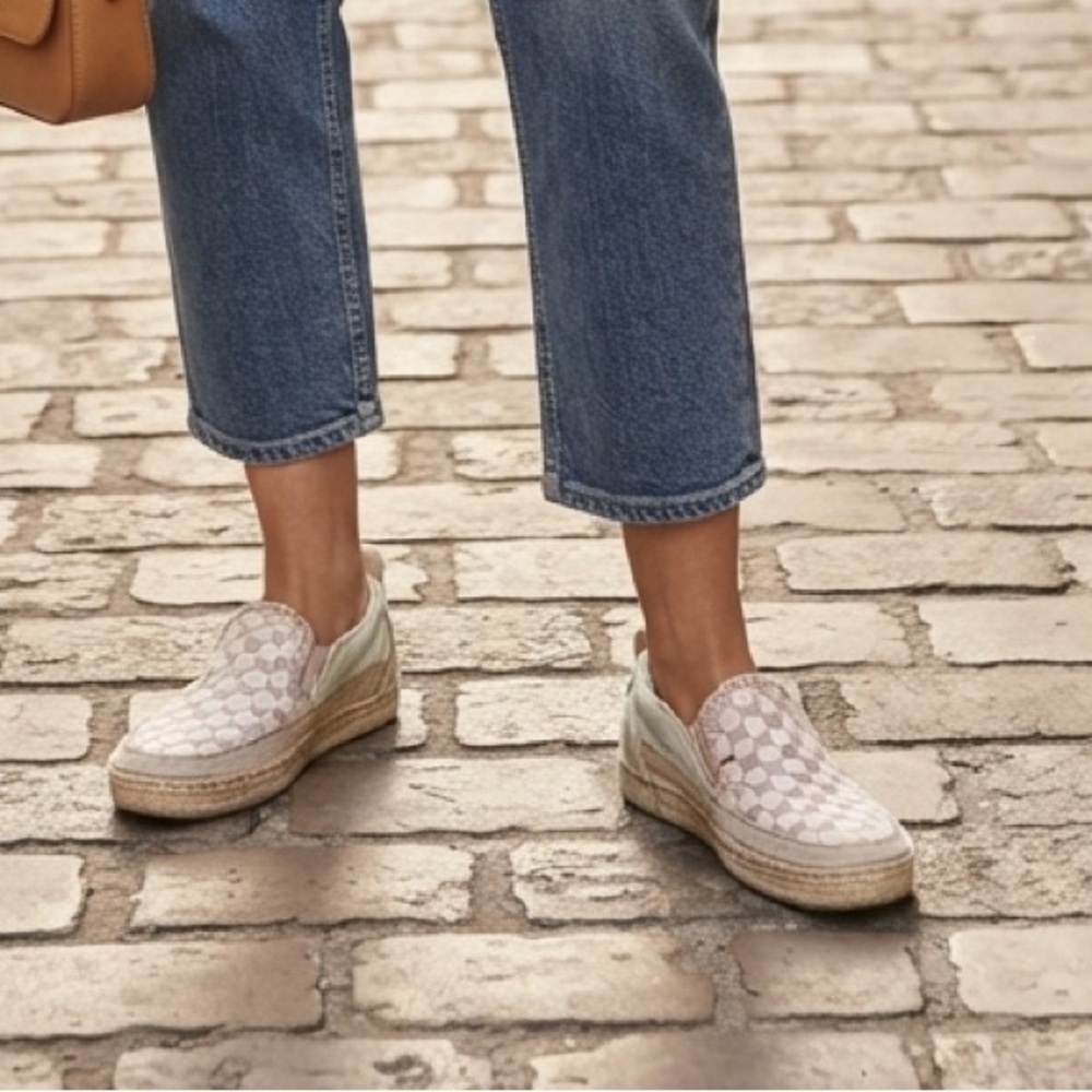 Replay | white and pink checkered leather slip on sneaker shoes | size 6.5